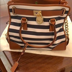 Michael Kors Navy and White Striped Satchel with Brown Trim and Gold Hardware